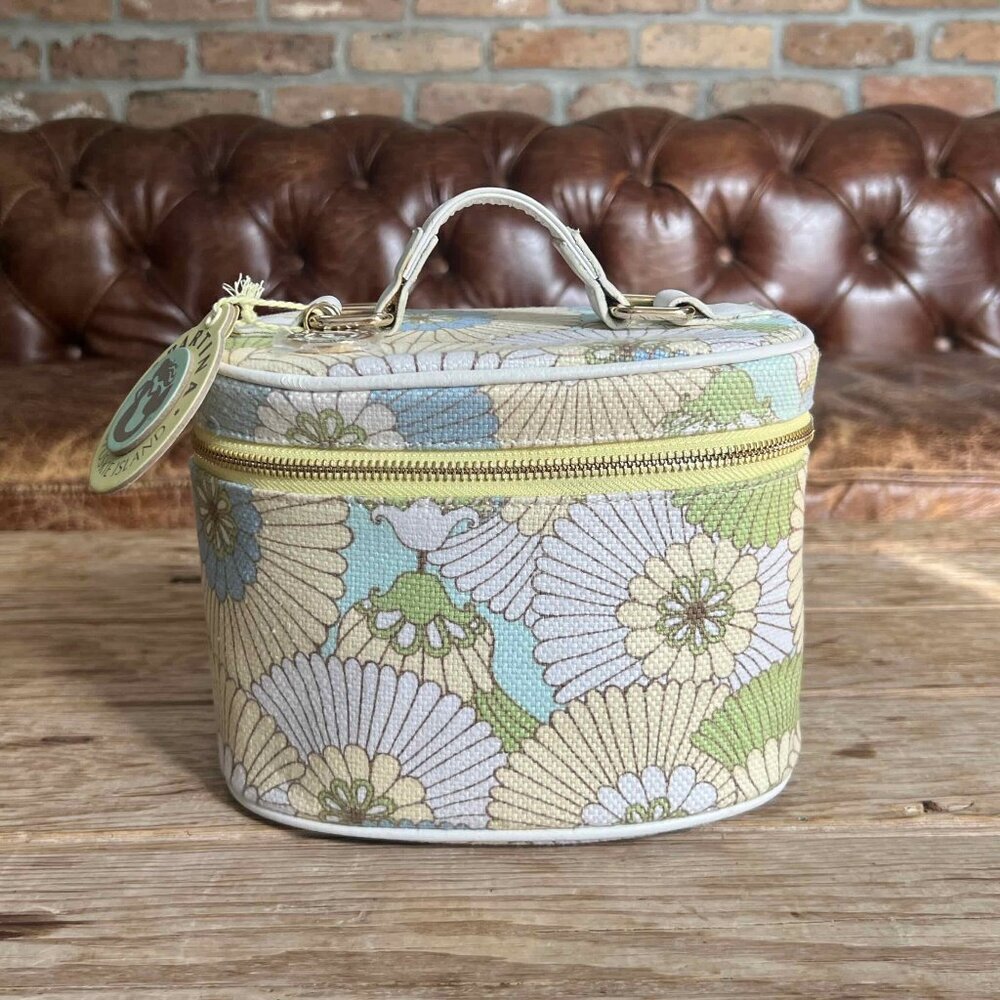 Spartina Floral Train Case Cosmetic Case NWT Linen Genuine Leather